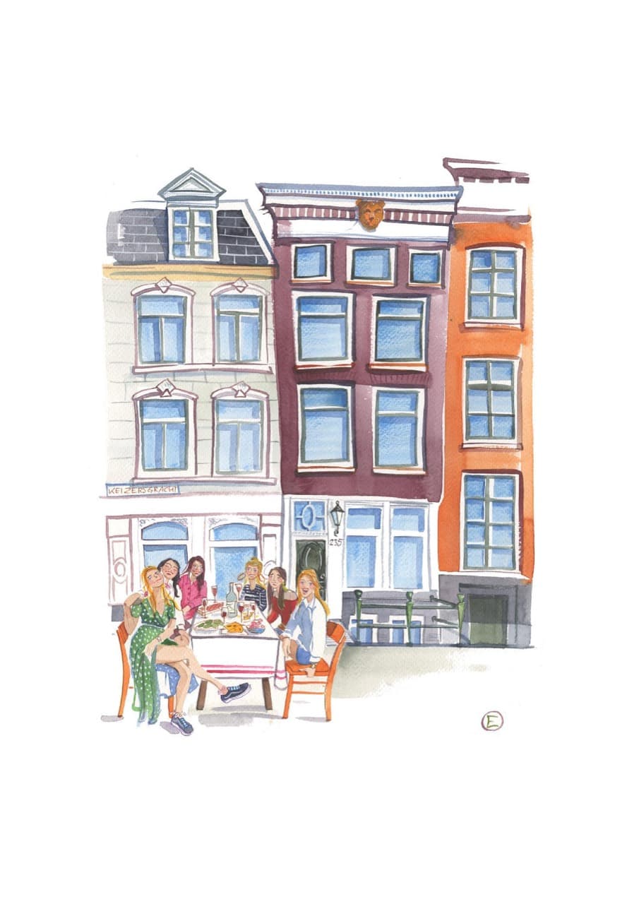 Origineel aquarelportret met mensen aan tafel voor grachtenpanden