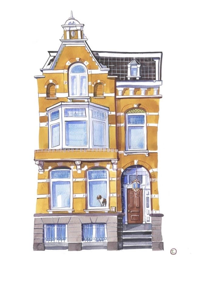 Aquarelportret van een huis met een hond achter het raam