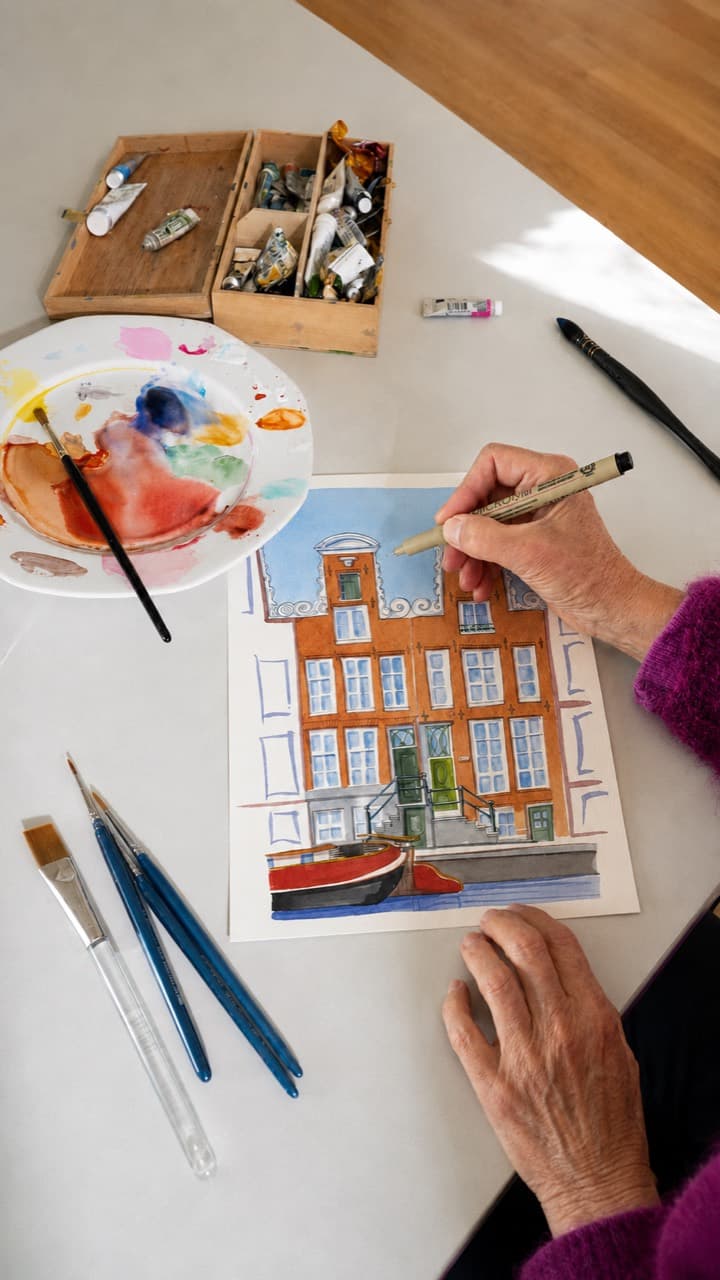 Het portret op de werktafel met fineliner en dubbele gevel