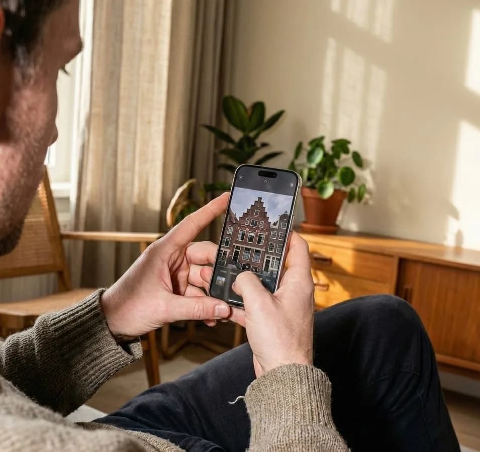 Een klant kiest een foto voor een huisportret