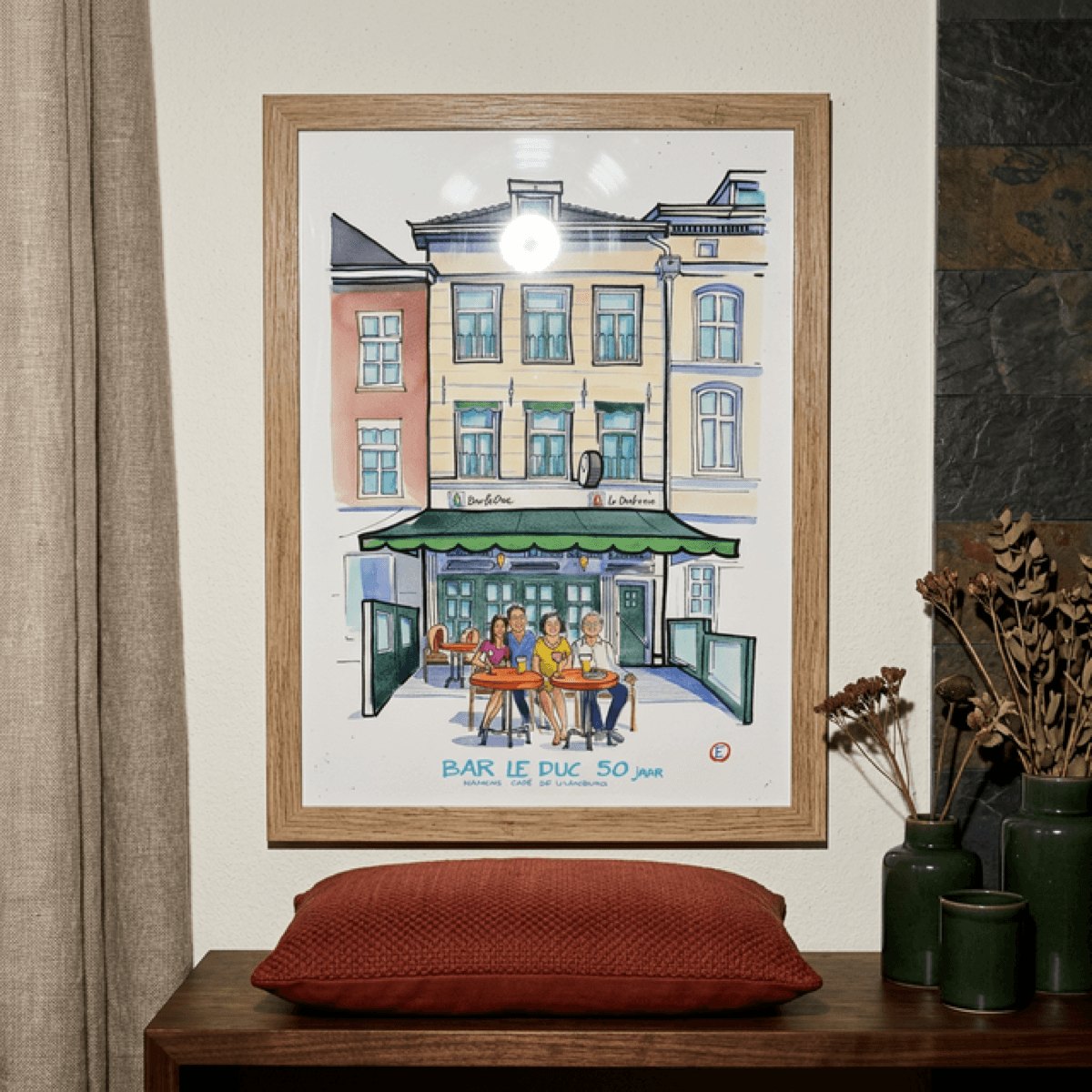 Productvoorbeeld van een handgeschilderd huisportret op A4 in 30 × 40 cm