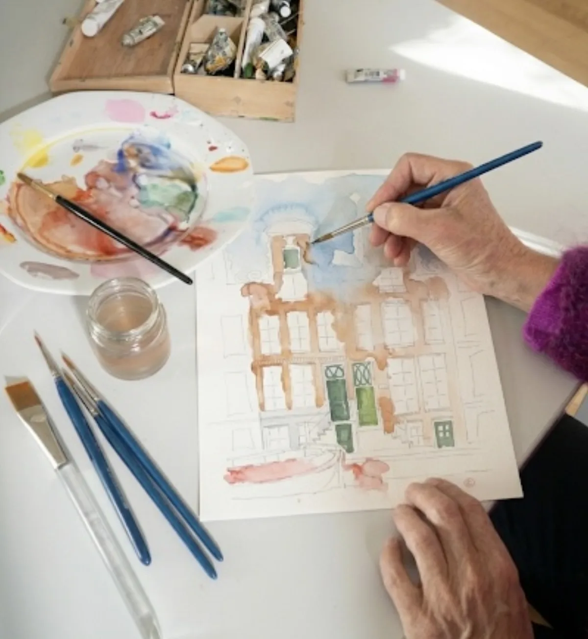 Stap wij maken je kunstwerk voor een handgeschilderd aquarel huisportret