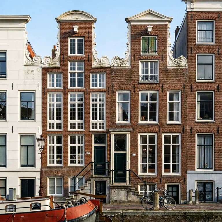 Woningfoto van twee bakstenen grachtenpanden met een boot voor de gevel